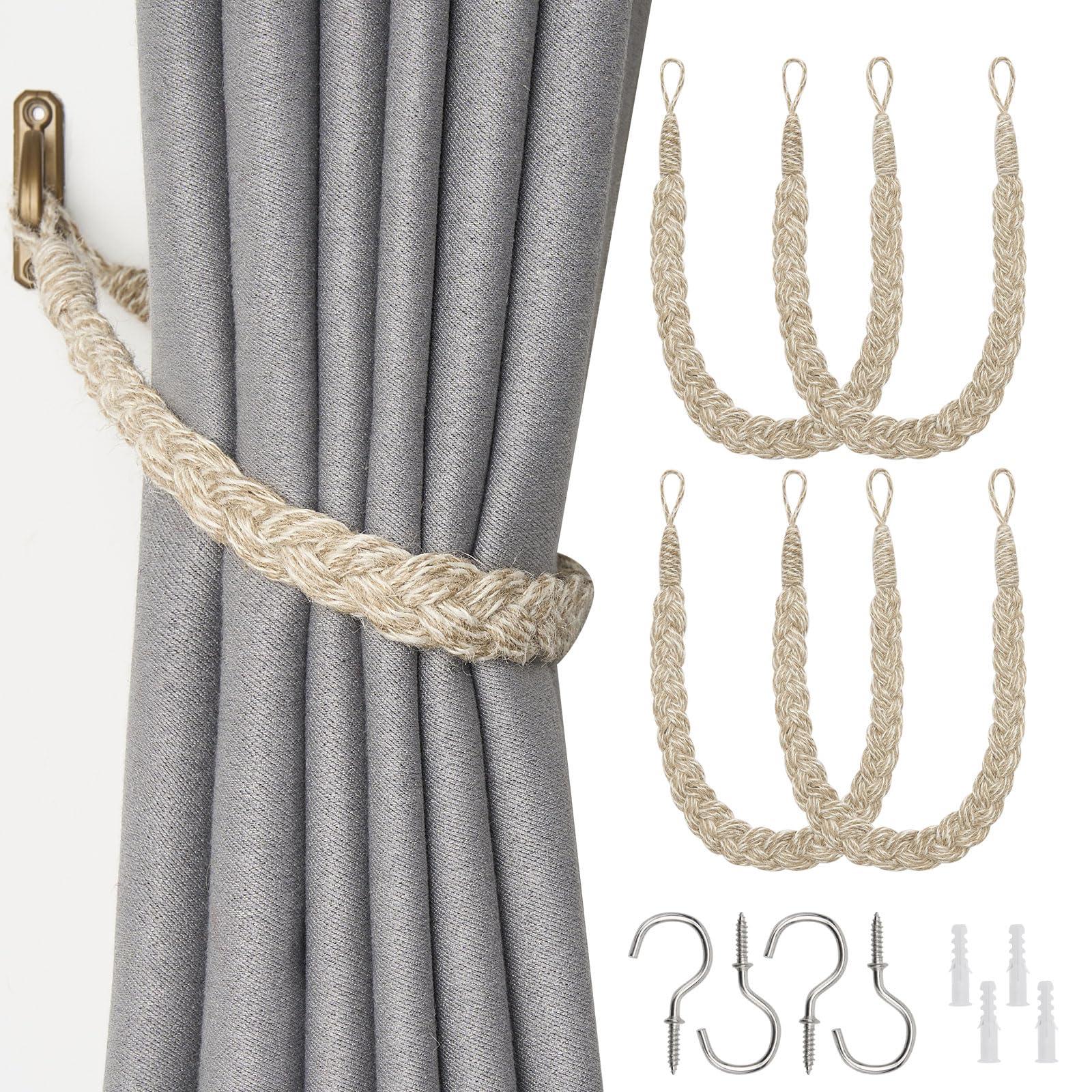 Pretty Jolly 4 Pack Natural Jute Rope Curtain Tiebacks Boho Rustic Style Decorative Drape Tie Backs Elegant Hand-Woven Rope Curtain Holdbacks with Metal Hook for Home & Office Drapery (Jute-Beige)