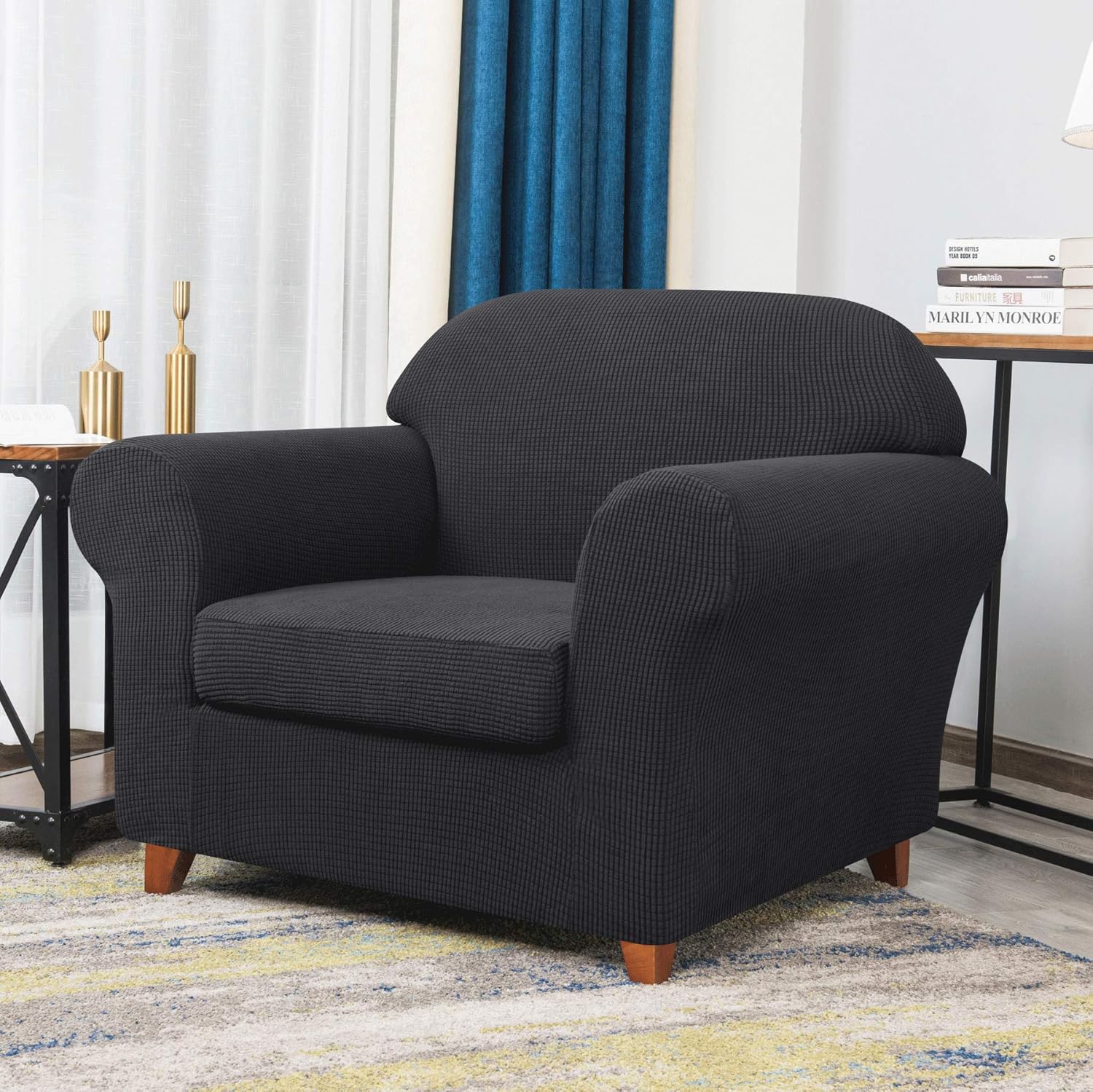 CHUN YI Stretch Chair Sofa Slipcover 2-Piece Couch Cover Furniture Protector, 1 Seater Coat Soft with Elastic Bottom, Checks Spandex Jacquard Fabric, Small, Gray: Home & Kitchen