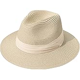 Lanzom Women Wide Brim Straw Panama Roll up Hat Fedora Beach Sun Hat UPF50+