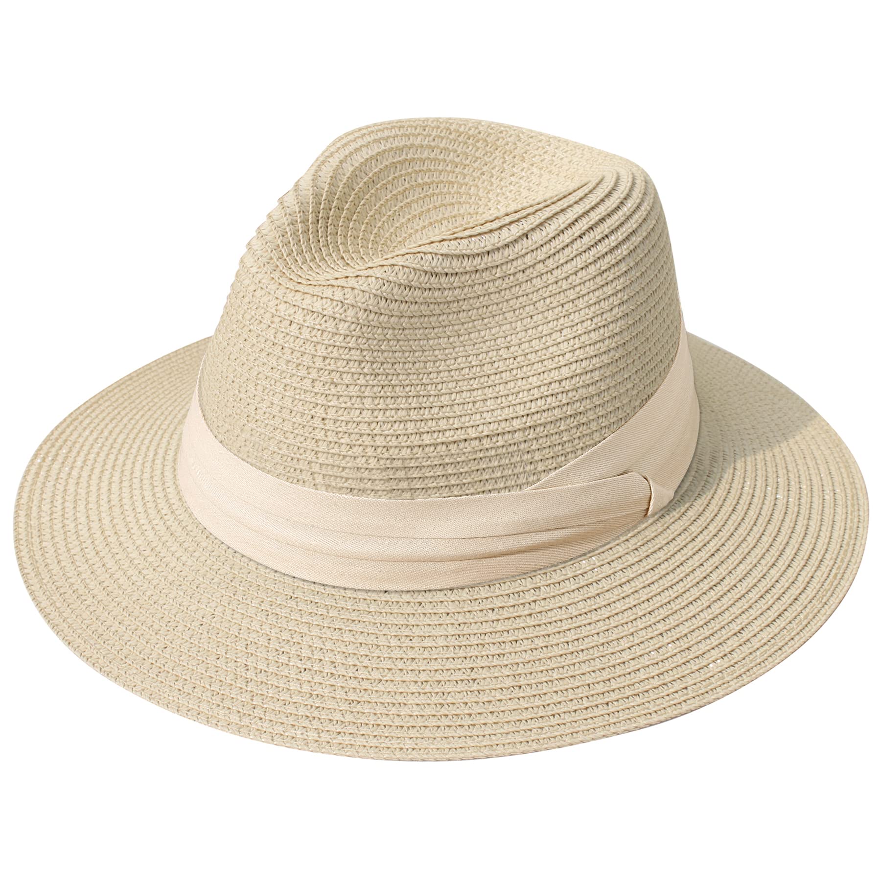 Photo 1 of Lanzom Women Wide Brim Straw Panama Roll up Hat Fedora Beach Sun Hat UPF50+ (Z-Beige Ribbon Khaki)