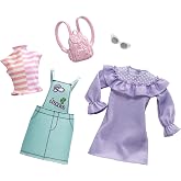 Barbie Clothes - 2 Outfits Doll Feature Pastels Like Light Green Overalls with Cute Graphics and Pink Backpack, Gift for 3 to 8 Year Olds