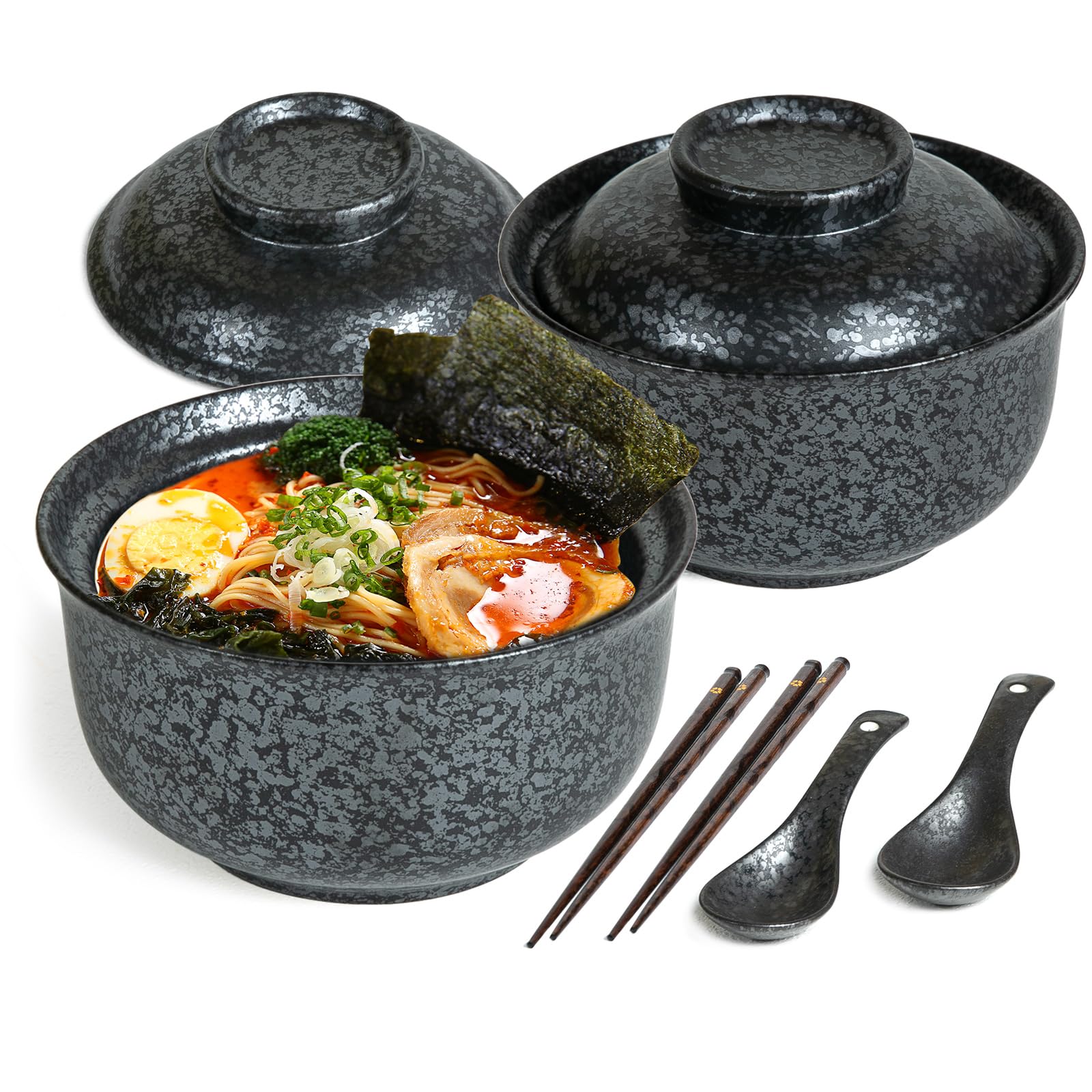 Photo 1 of **ONE BOWL LID HAS A MINOR CHIP**Niturceal Ceramic Ramen Bowl Set of 2, Ramen Noodle Bowl with Lid 27oz Japanese Retro Style Soup, Pho, Udon Bowls, Matching Spoons and Chopsticks for Microwave & Dishwasher Safe, Black