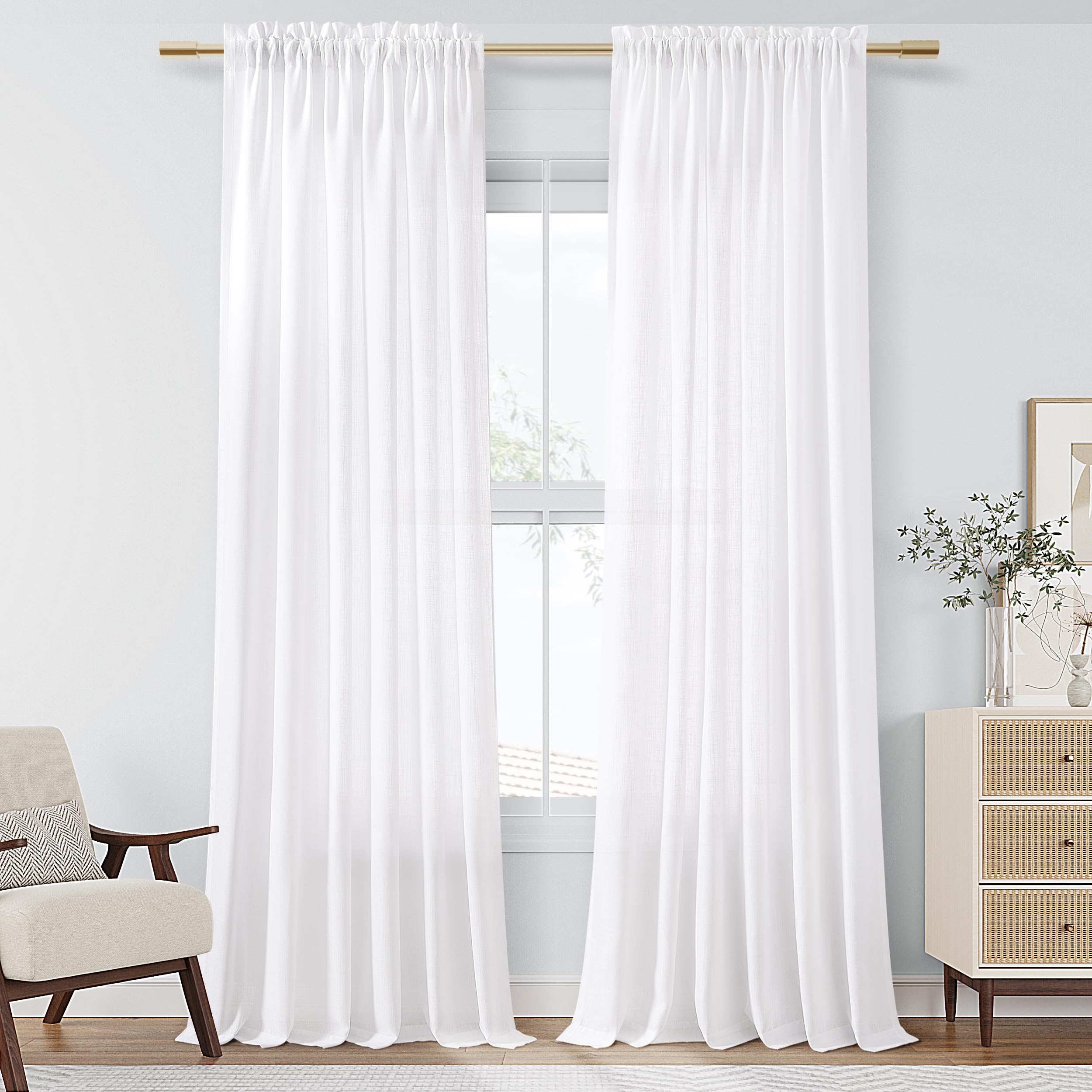 Photo 1 of Guken White Linen Curtains 84 Inch Length for Living Room Bedroom 2 Panels Set Rod Pocket Light Filtering Semi Sheer Window Curtains 52 Inch Width Boho Farmhouse Linen Drapes, W52xL84