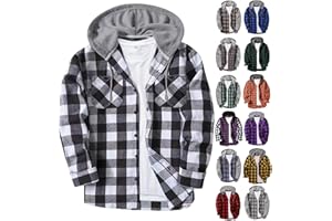 WHLBF Men's Flannel Hoodie Shirts Button Down Plaid Hoodie Lightweight Fall Plaid Shirt Jackets Fashion Hooded with Pocket