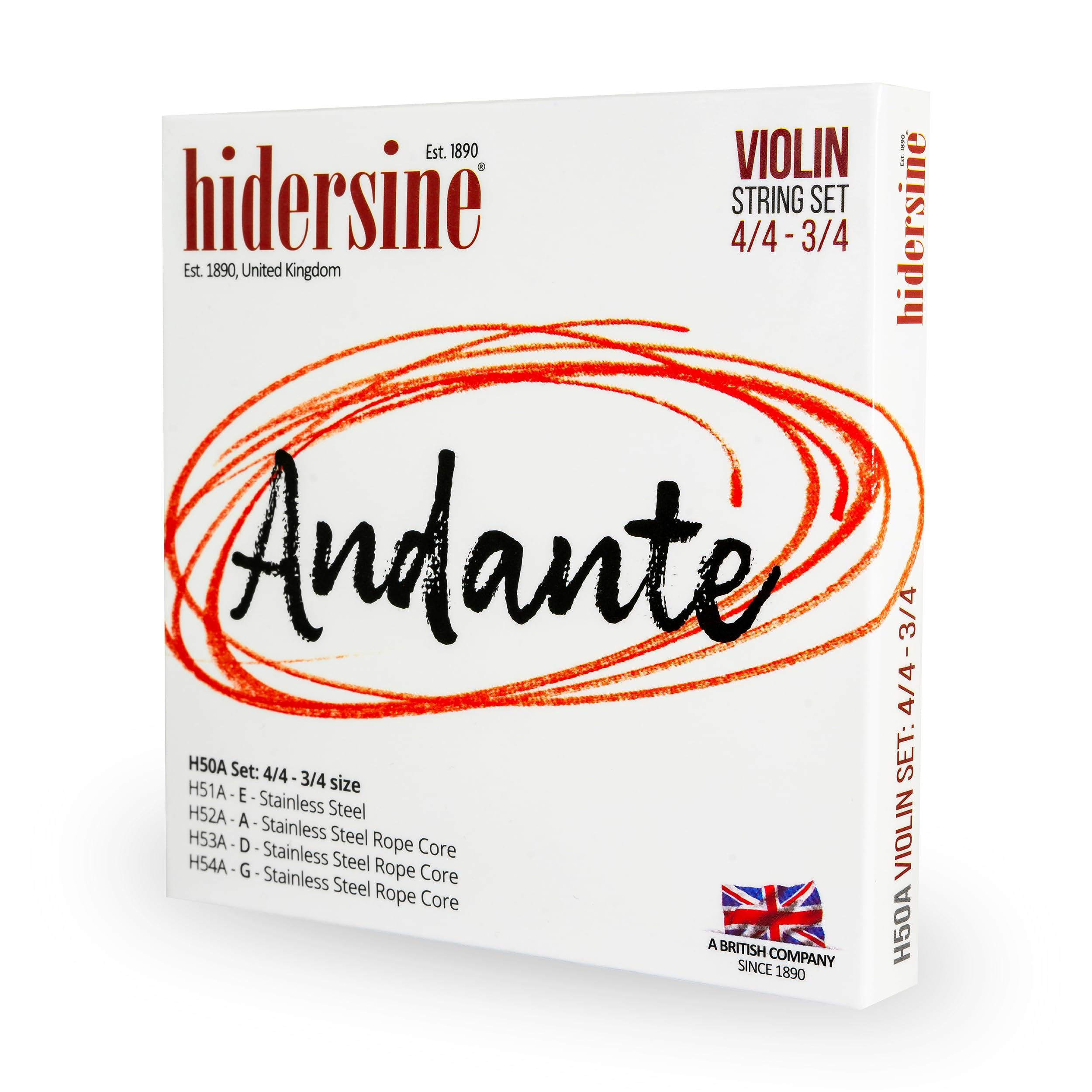Hidersine Andante Violin Strings SET for 4/4 and 3/4 size. Steel Rope Core for easy playing feel. Great tone and Great Value. Ideal Student Strings for Violins. 1 SET of 4 strings.