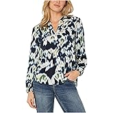 Liverpool Los Angeles Womens Long Sleeve Button Front Shirred Woven Blouse