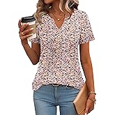 Zeagoo Womens Short Sleeve Tops Summer Henley V-Neck Tshirts Casual Pleated Blouse Dressy Loose Floral Basic Tee