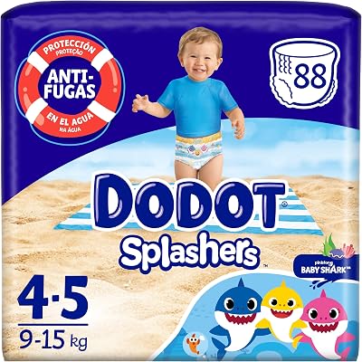 Splashers Baby Shark Talla 4, 88 Pañales Bebé Bañadores Desechables, 9kg - 15kg, Protección Anti-fugas En El Agua
