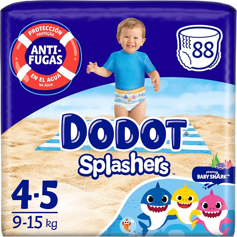 DODOT Splashers Baby Shark Tamanho 4, 88 Fraldas para Bebés Fatos de banho descartáveis, 9kg - 15kg, Proteção contra fugas de água