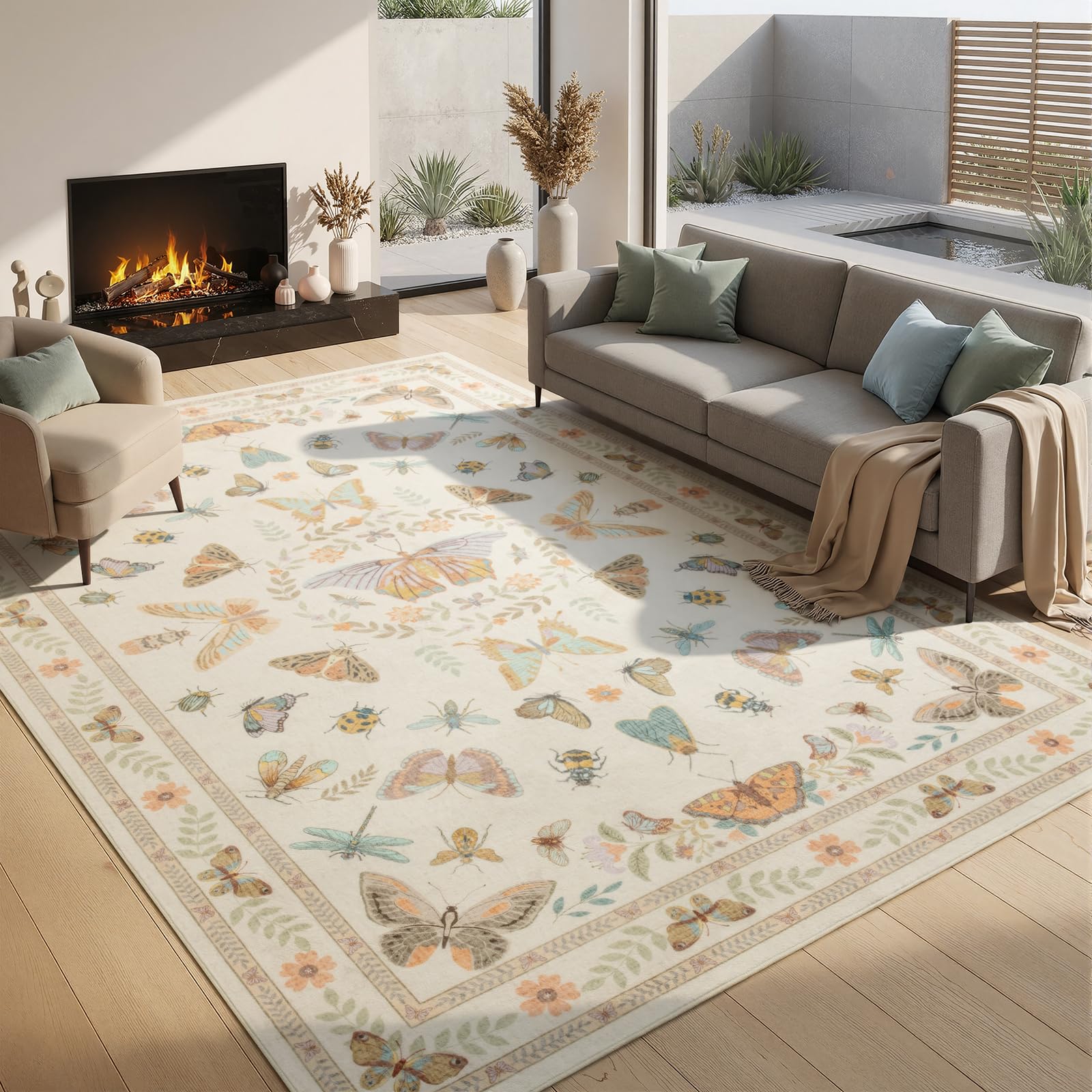 Photo 1 of Unirea 6x9 Cream Area Rug for Living Room Bedroom Under Bed, Large Washable Boho Insect Bug Rug, Non Silp Dining Room Under Table, Thin Soft Low Pile Stain Resistant Carpet for Home Office