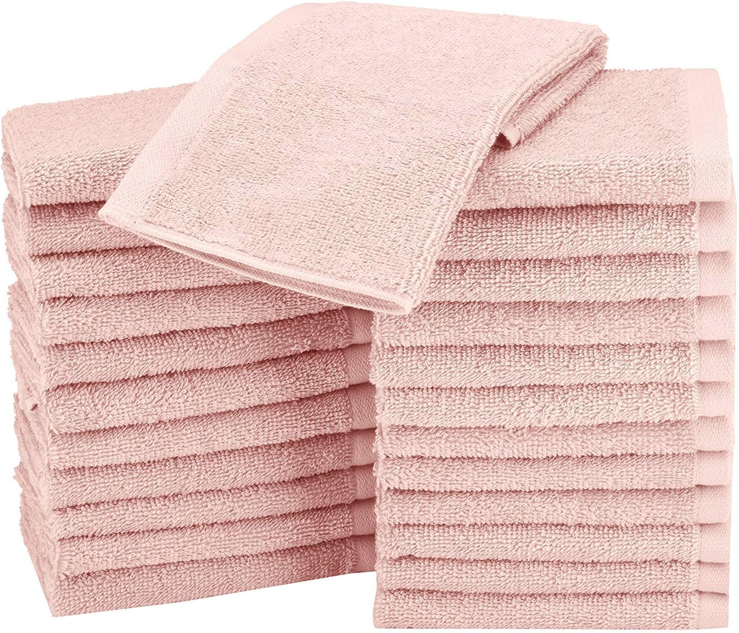 Amazon Basics Face Towel Set for bathroom 100% Cotton Extra Absorbent Fast Drying Face Cloths 30 x 30 cm, Petal Pink, 24-Pack