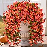 Artificial Fall Hanging Flowers for Outdoors Decoration, 2PCS Fake Plants Faux Realistic Silk Morning Glory Long Vines UV Resistant for Autumn Outside Porch Patio Balcony Yard Planter, OrangeRed