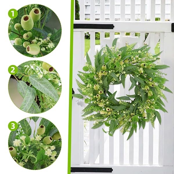 GREEN EUCALYPTUS WREATHS FOR FRONT DOOR,22 INCH ARTIFICIAL SPRING SUMMER WINTER WREATH WITH LARGE GREEN BERRIES,EUCALYPTUS LEAVES FOR INDOOR OUTDOOR WALL PORCH FESTIVAL FARMHOUSE HOME HOLIDAY DECOR.