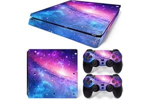 ASOKEX Ps4 Slim Stickers Full Body Vinyl Skin Decal Cover for PlayStation 4 Console Controllers (with 4pcs Led Lightbar Stickers) (Blue fire) (Pink Sky)