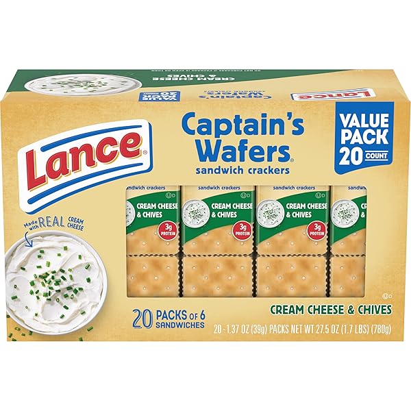 LANCE SANDWICH CRACKERS, CAPTAIN’S WAFERS CREAM CHEESE AND CHIVES, 20 PACKS, 6 SANDWICHES EACH
