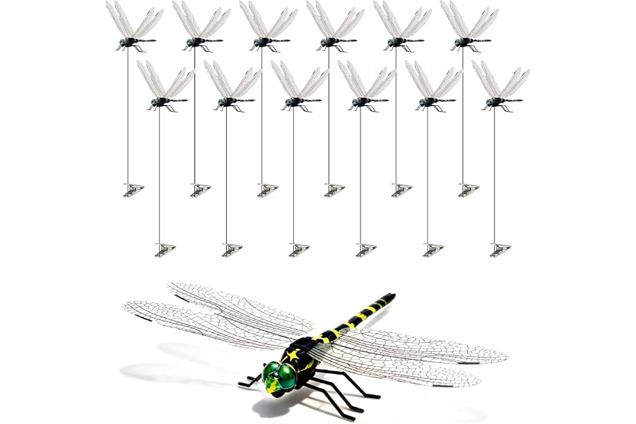 12 Pack 3D Dragonfly Clips, Fake Dragonflies with Stakes, Realistic Plastic Dragonfly Garden Decorations, Fly Deterrent Clips for Hats, Pets, Horses, Deer, Yard, Patio, Indoor & Outdoor Decor