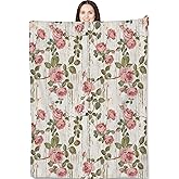 Vintage Rose Floral Throw Blanket for Adults Kids, 50x60 in, Rustic Pink Garden Roses Theme Flannel Blankets for Bedroom, Couch, Travel, Home Decor, Fuzzy Soft Cozy Warm Gifts