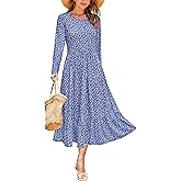 STYLEWORD Long Sleeve Dress for Women 2024 Fall Casual Crewneck Midi Boho Formal Wedding Guest Party Going Out Dresses (Blue Yellow Floral,M)