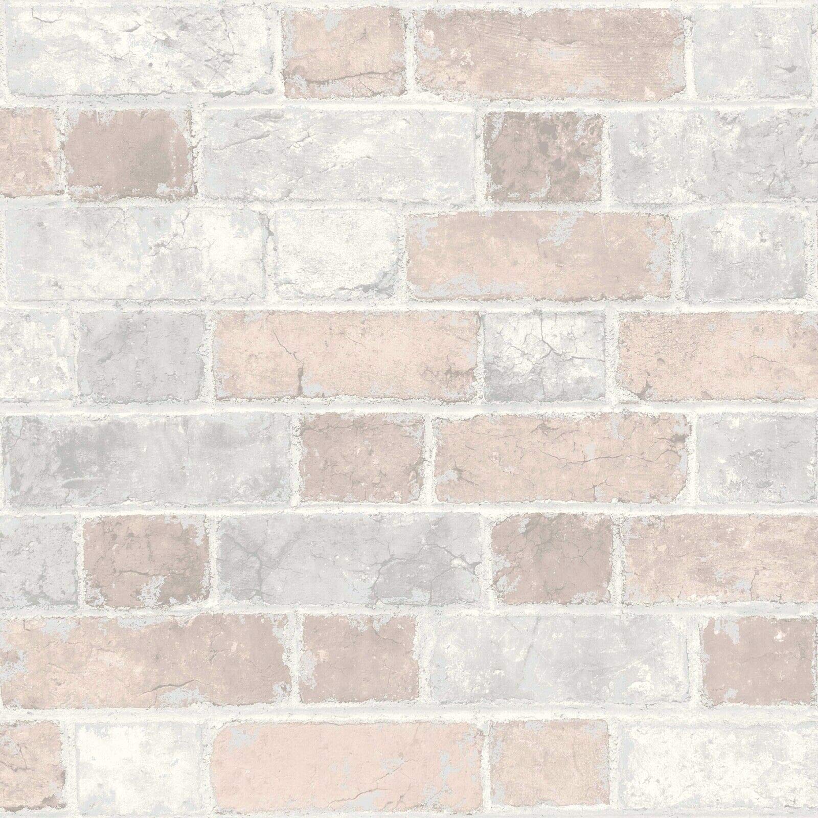 Muriva Kinsley Brick Wall Effect Stone Pale Pink Light Grey Rustic Wallpaper WD0070