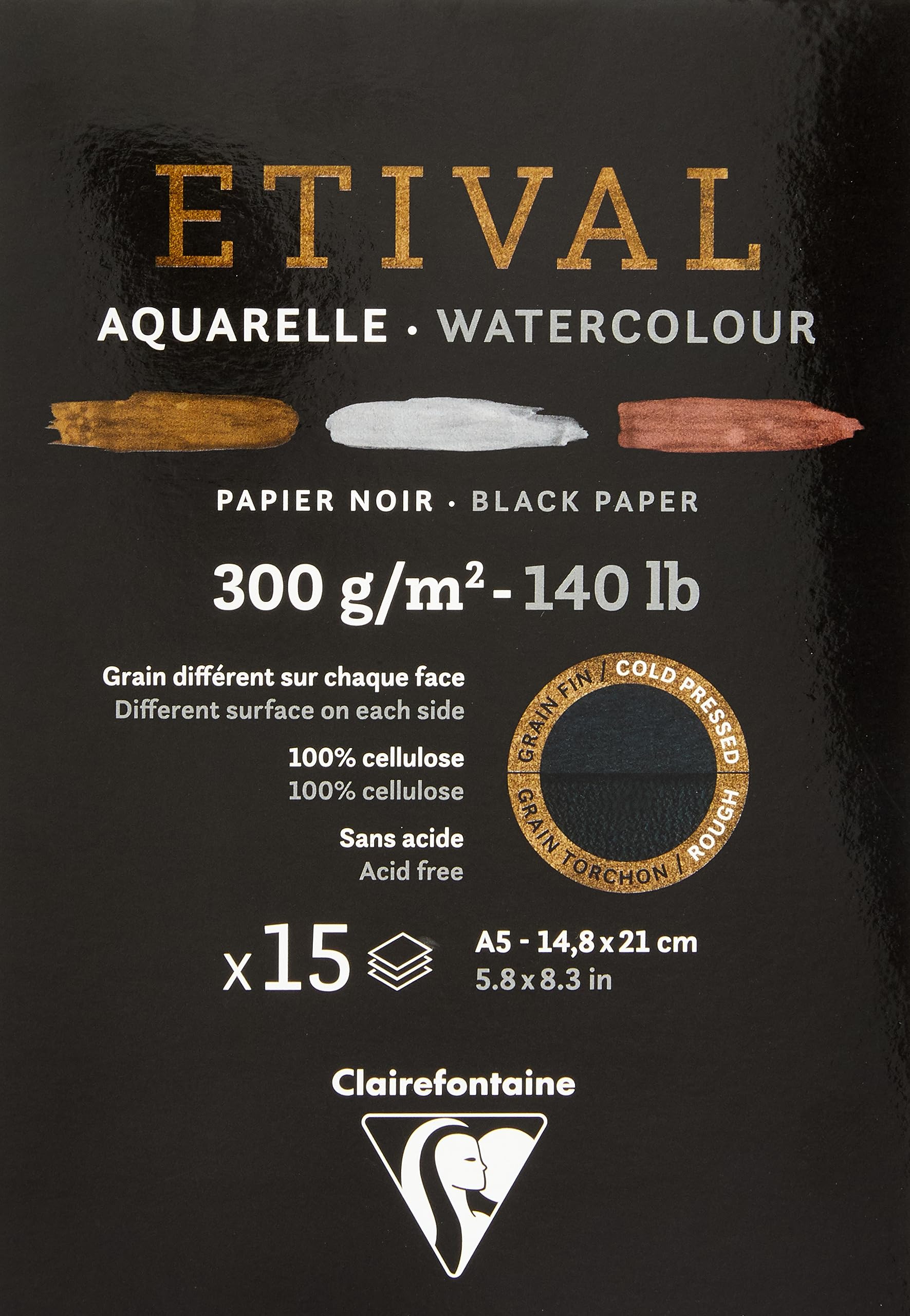 Clairefontaine - Ref 975317C - Etival Cold Pressed Black Watercolour Painting & Drawing Pad (15 Sheets of Paper) - A5 (21 x 14.8cm) - 300gsm Cellulose Art Paper