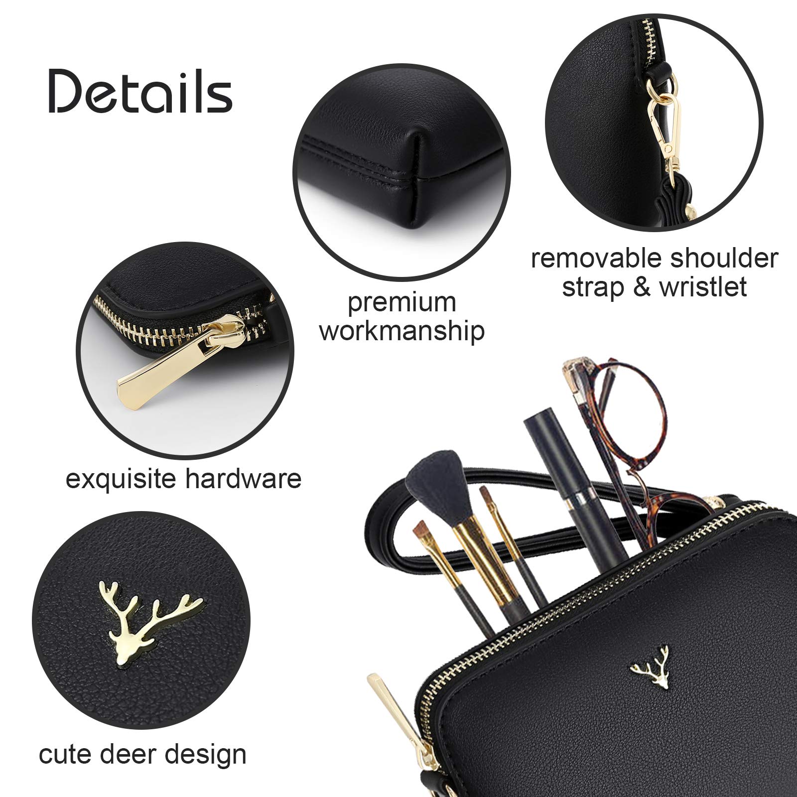 ZMDB Handtasche Damen Klein Umhängetasche Damen PU Leder Handytasche mit Handgelenkband & Verstellbar Abnehmbar Schultergurt, Schultertasche Damen Tasche Reißverschluss Crossbody Bag, Schwarz 7