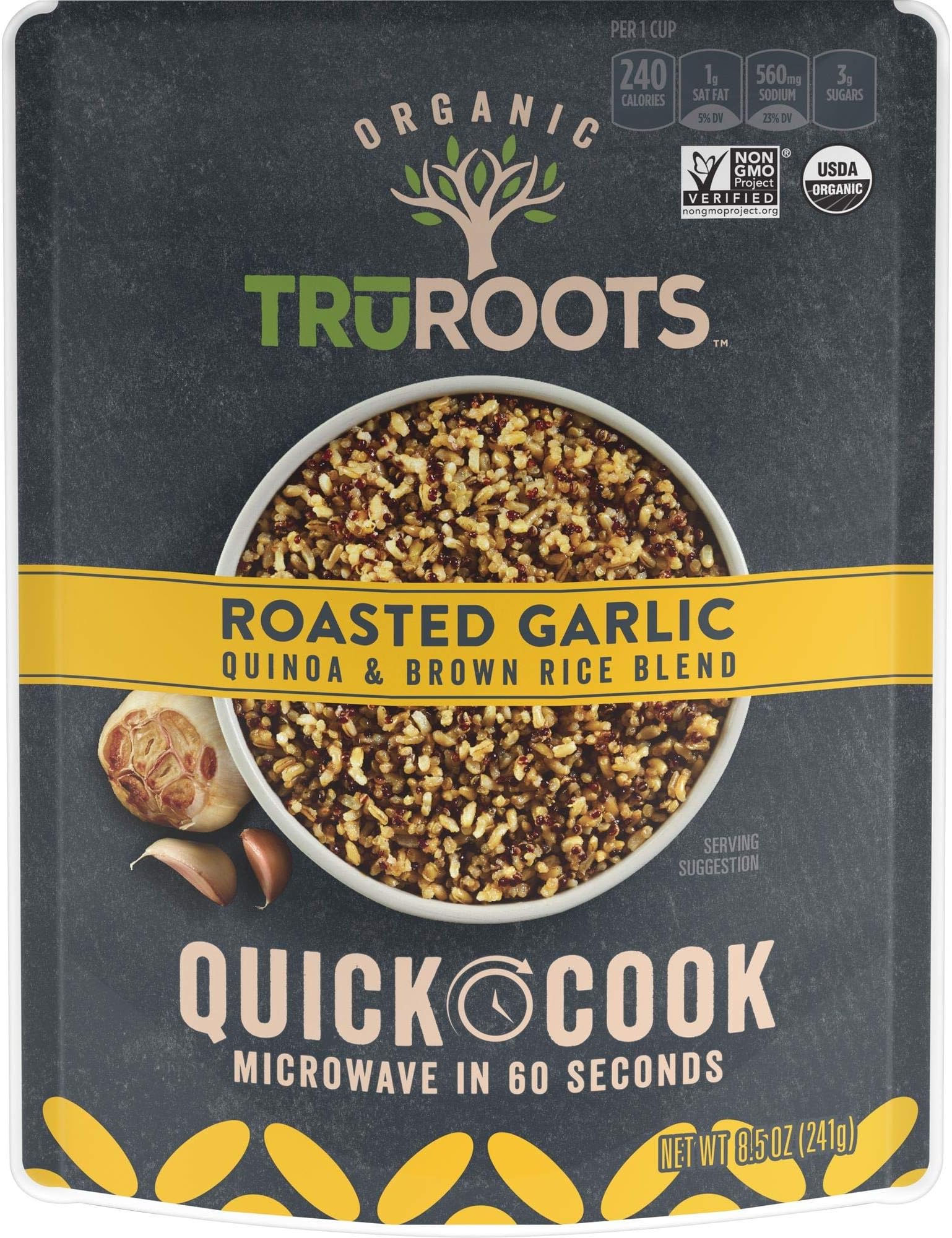 TruRoots Organic Quick Cook Roasted Garlic Quinoa and Brown Rice Blend, 8.5 Ounces, Ready to Eat in 60 Seconds, Certified USDA Organic, Non-GMO Project Verified