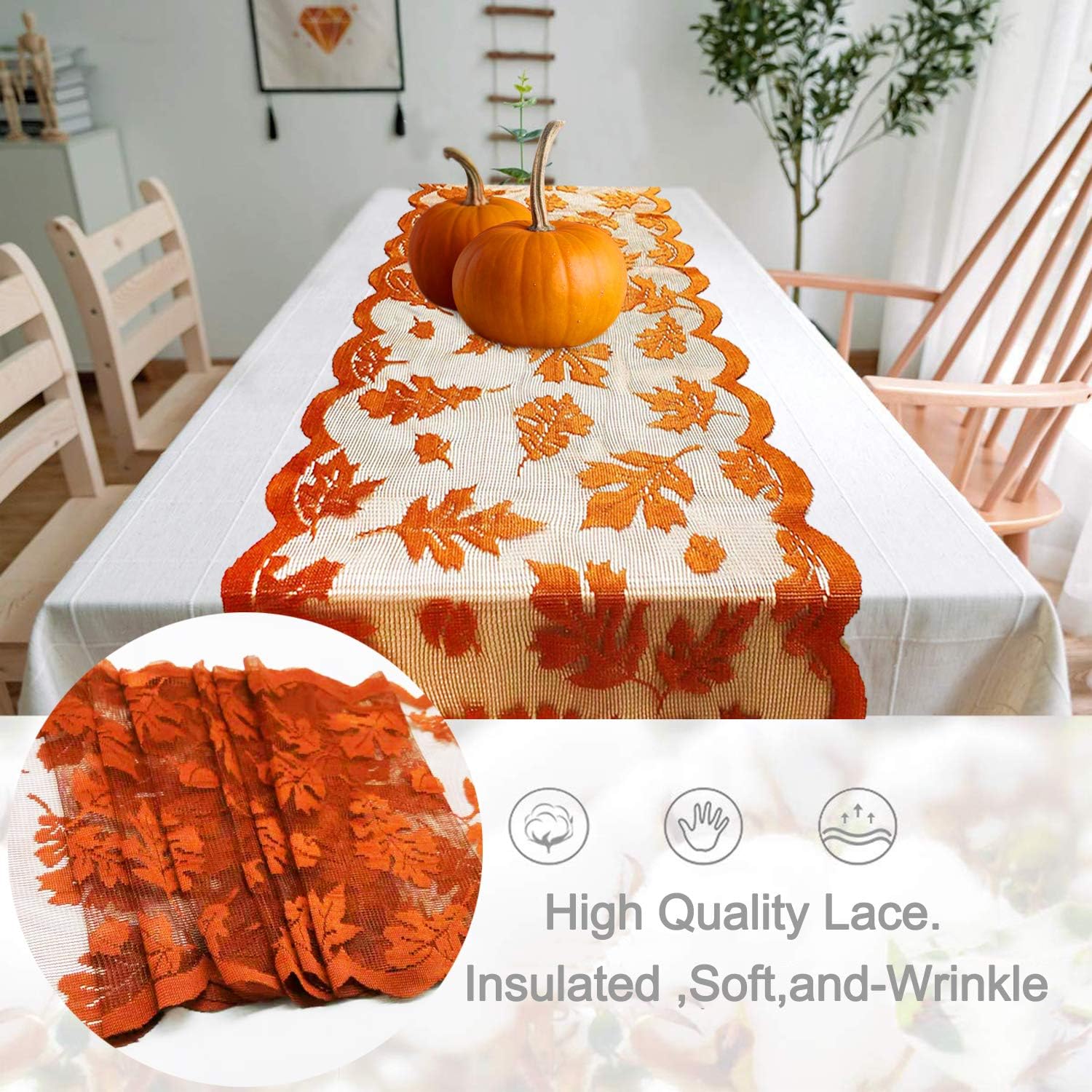 Fall Table Runner Thanksgiving Decorations 13 x 72 Inch Maple Leaves Table Runner Harvest Lace Pumpkin Runner Brow Long Fall Table Line for Thanksgiving Dinner (Brown): Home & Kitchen