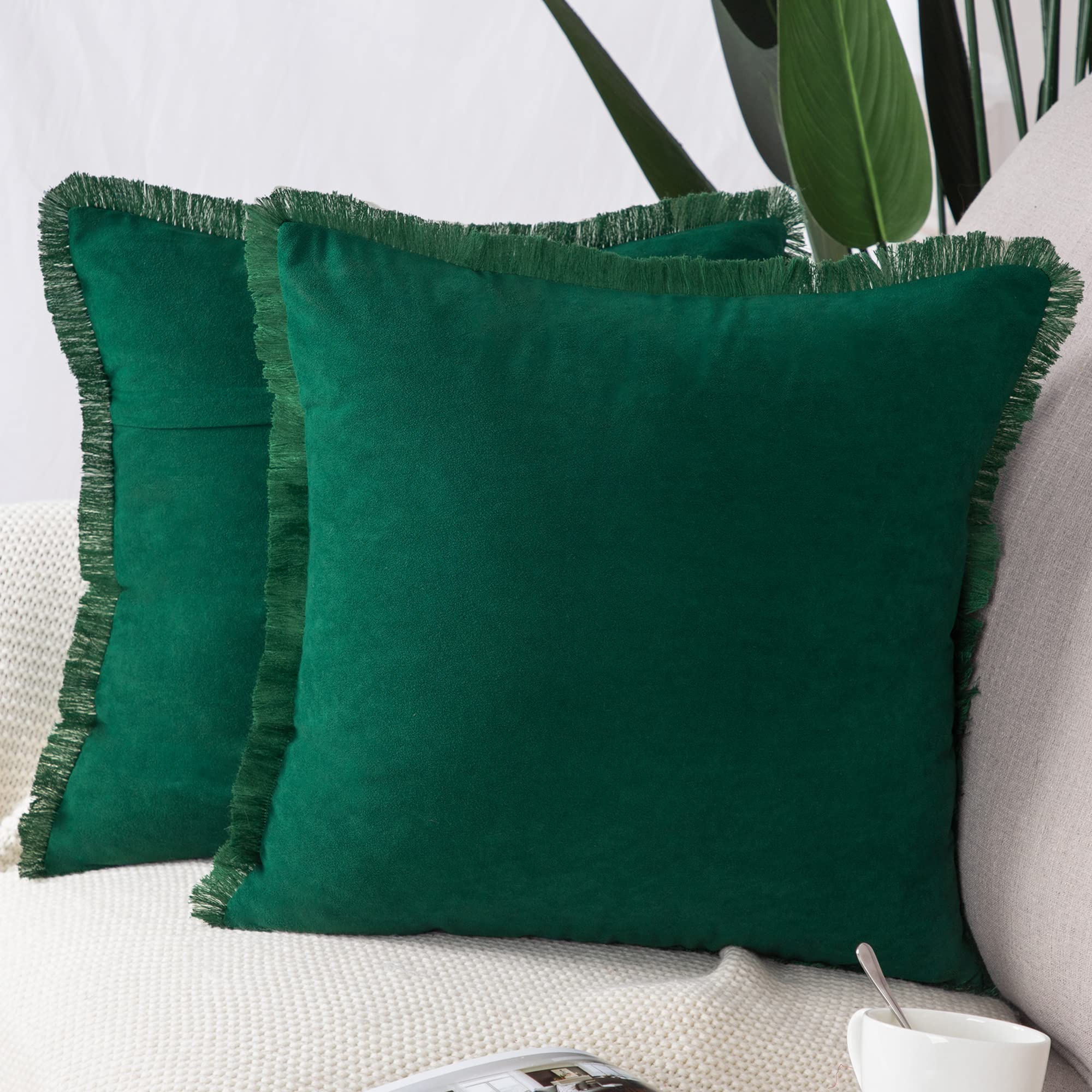 Madizz Set of 2 Suede Cushion Covers with Fringe Tassels 26x26 inch, 65x65 cm, Green Soft Decorative Throw Pillow Cases for Sofa Bedroom Pillow Shell