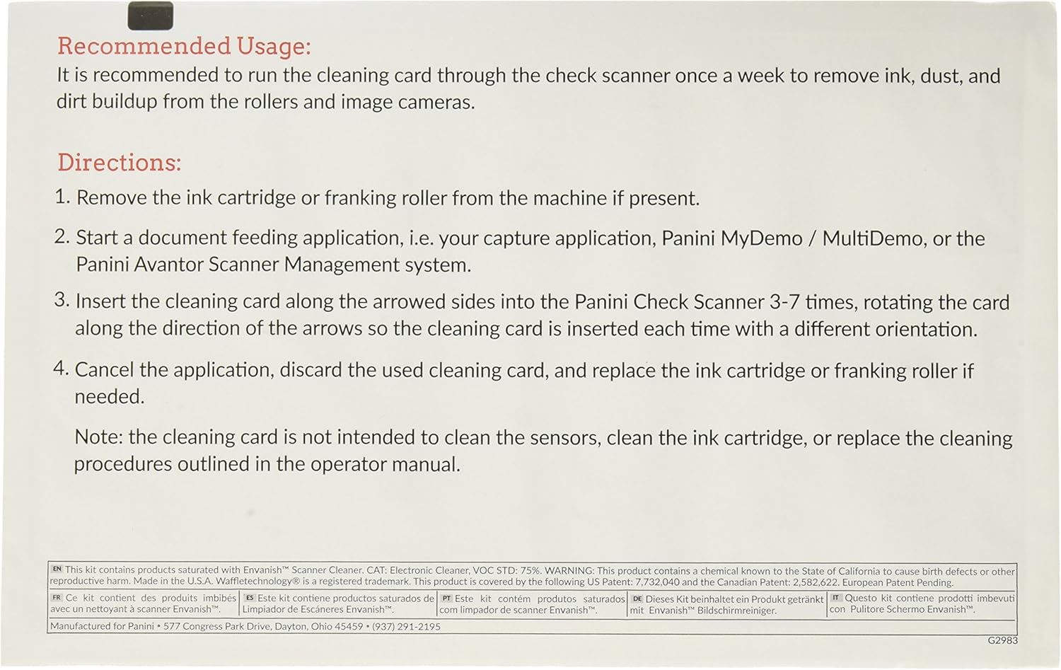 Panini Check Scanner Cleaning Cards featuring Waffletechnology (15 cards): Electronics