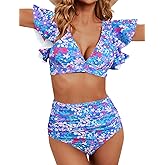 Soucrat Women's Ruffle High Waisted Swimsuit Two Piece Tropical Print Swimsuit Push Up Bathing Suit
