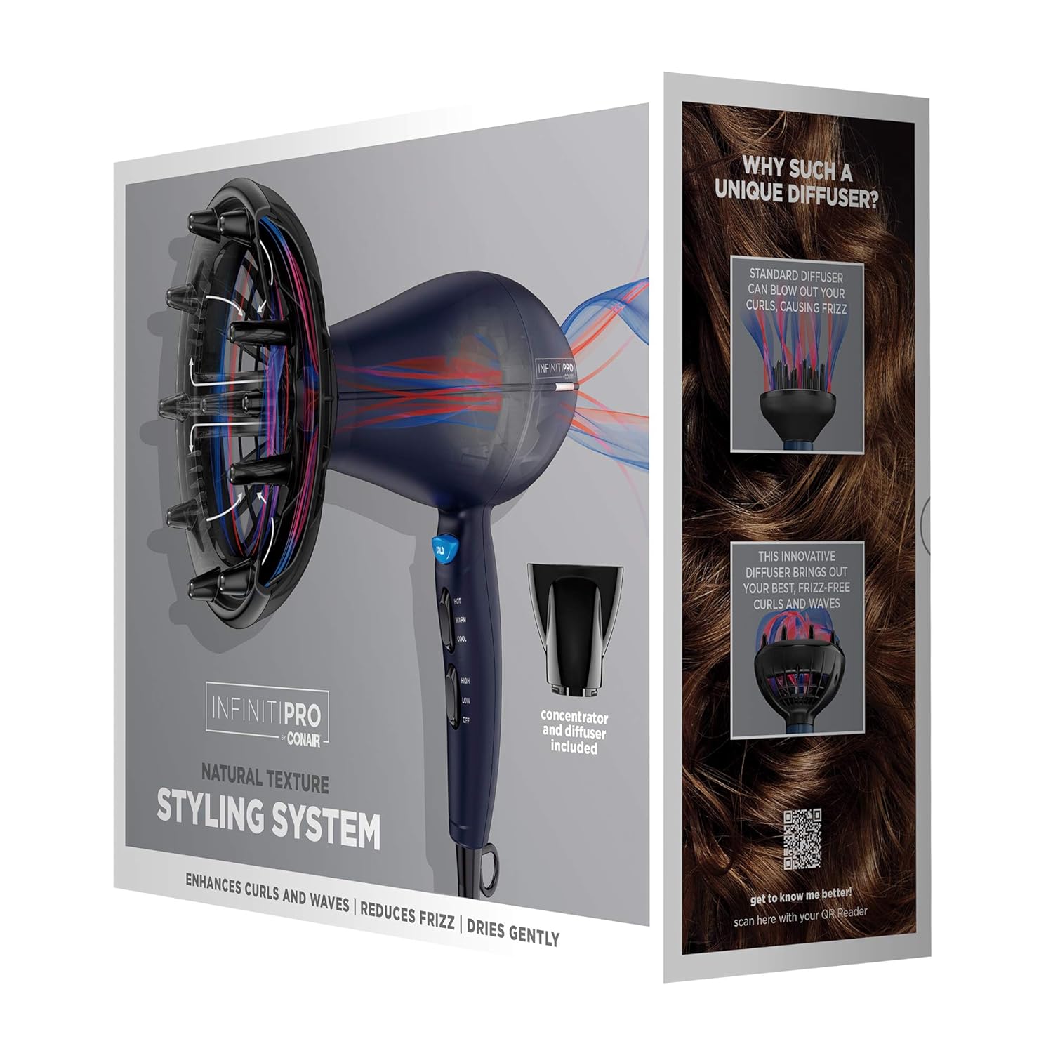 INFINITIPRO BY CONAIR 1875 Watt Texture Styling Hair Dryer for Natural Curls and Waves, Dark Blue, 1 Count: Beauty