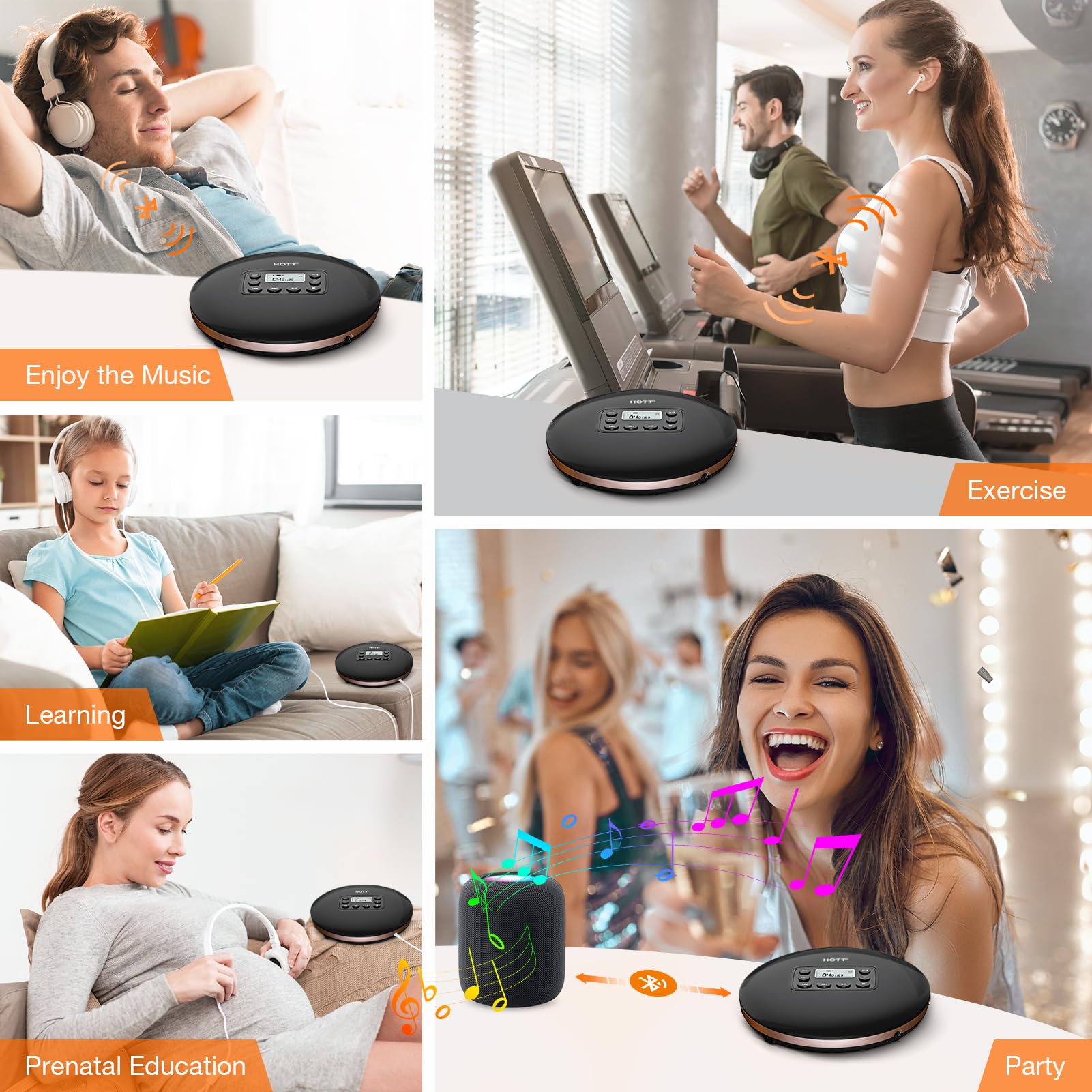 HOTT CD711T Bluetooth Rechargeable Portable CD Player for Home Travel and Car with Stereo Headphones and, Anti Shock Protection-Black