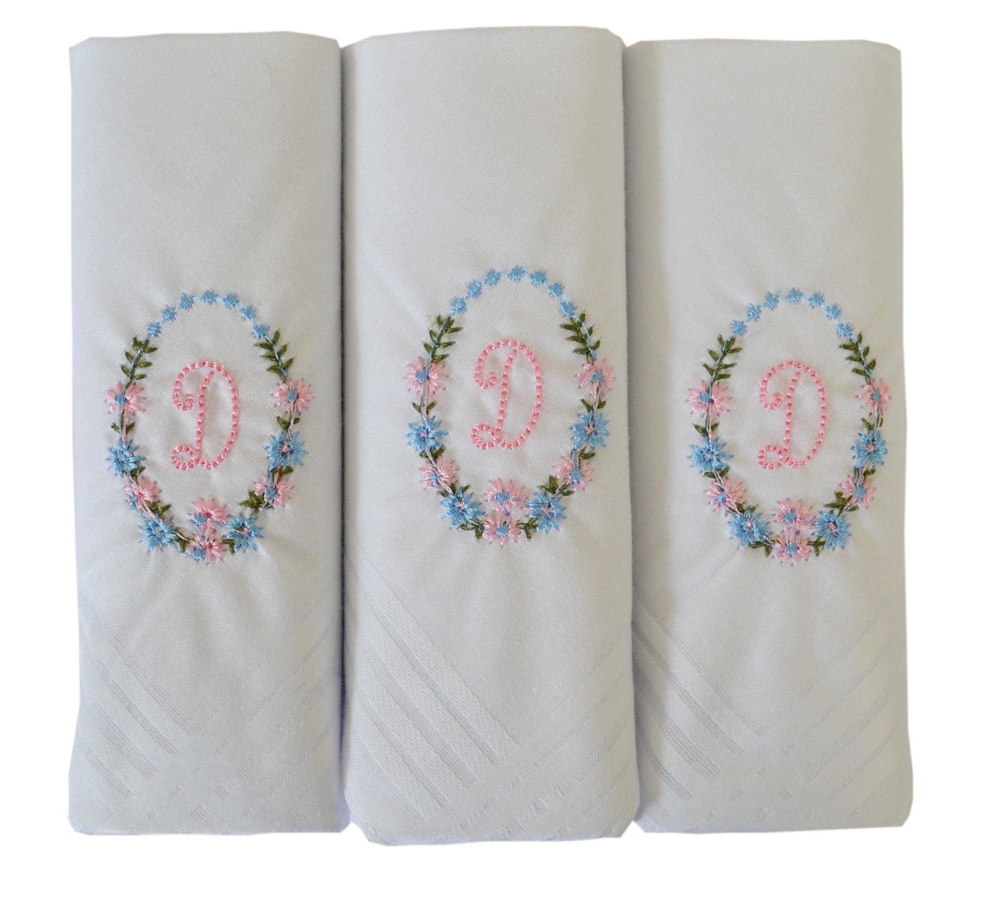 3 Pack Of Womens/Ladies Embroidered Initials Handkerchiefs With White Satin Border, D