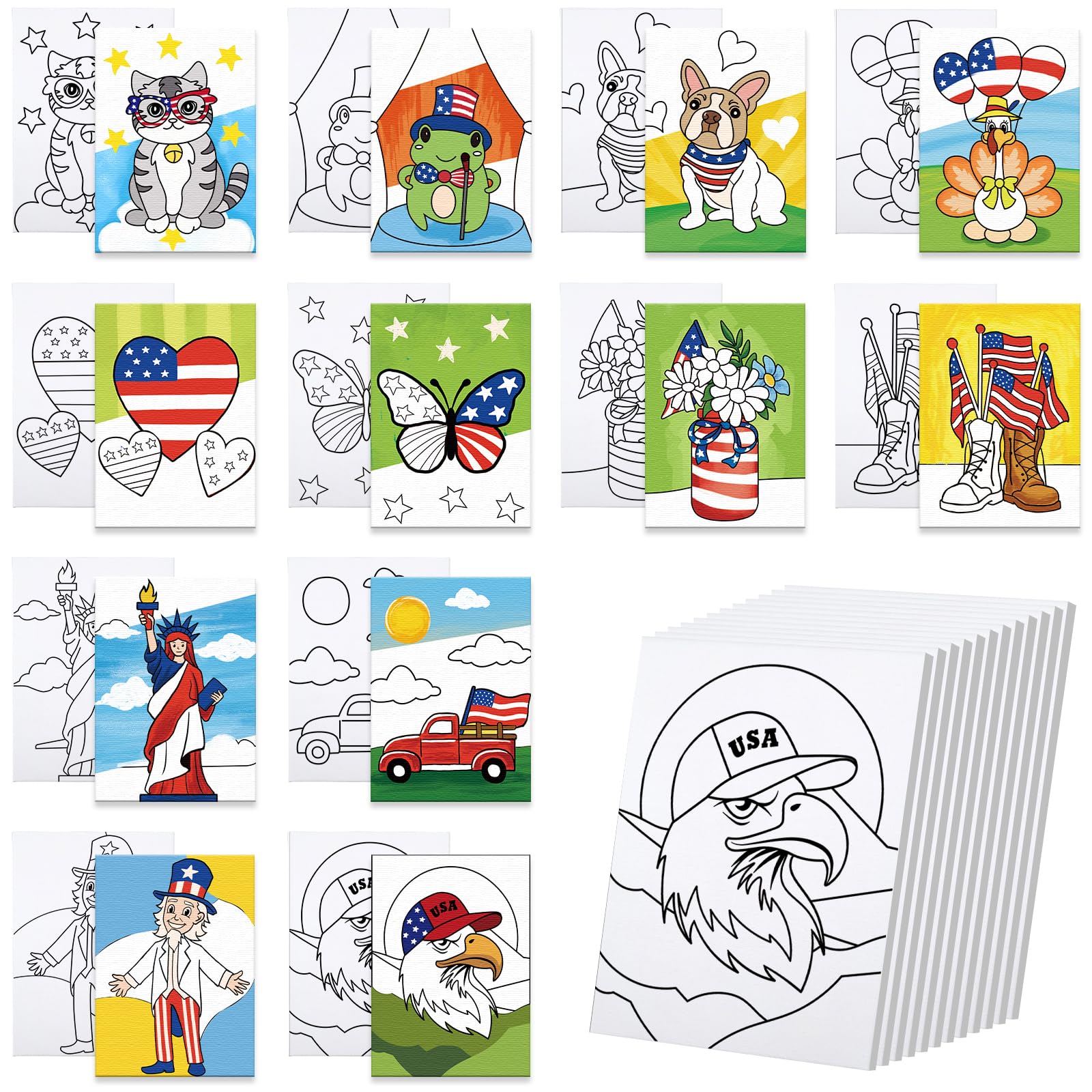 Photo 1 of 12 Packs Pre Drawn Canvas to Paint, 5" X 7" Independence Day Pre Printed Canvas for Kids, Pre Stretched Canvas Outline Painting Boards for Beginners, Students, Party Favor