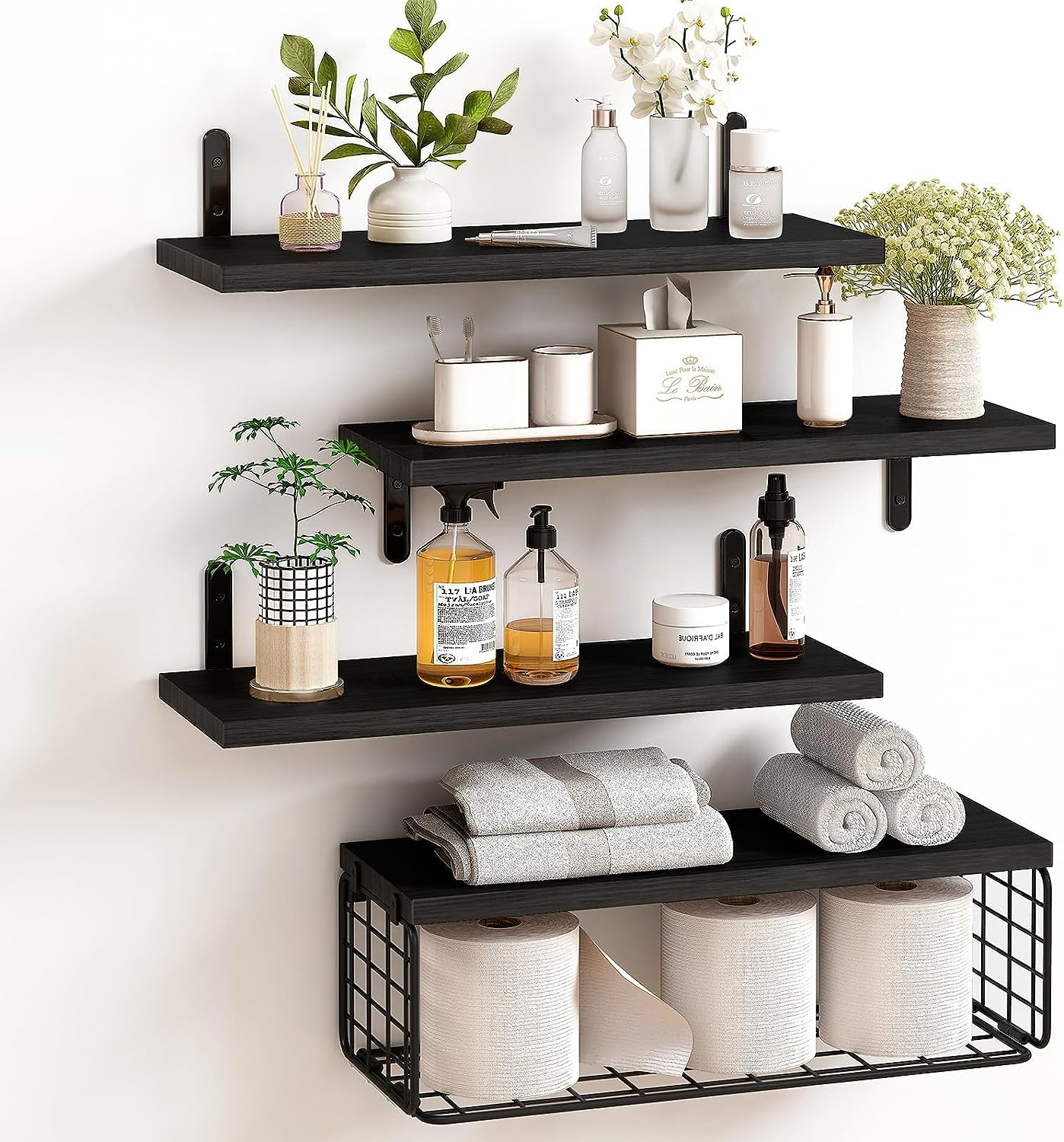 4+1 Tier Floating Shelves, Rustic Wood Wall Mounted Shelf, Bathroom Shelves Over Toilet with Wire Storage Basket, Farmhouse Wall Decor for Bedroom, Living Room, Kitchen, Office, and More (Black)