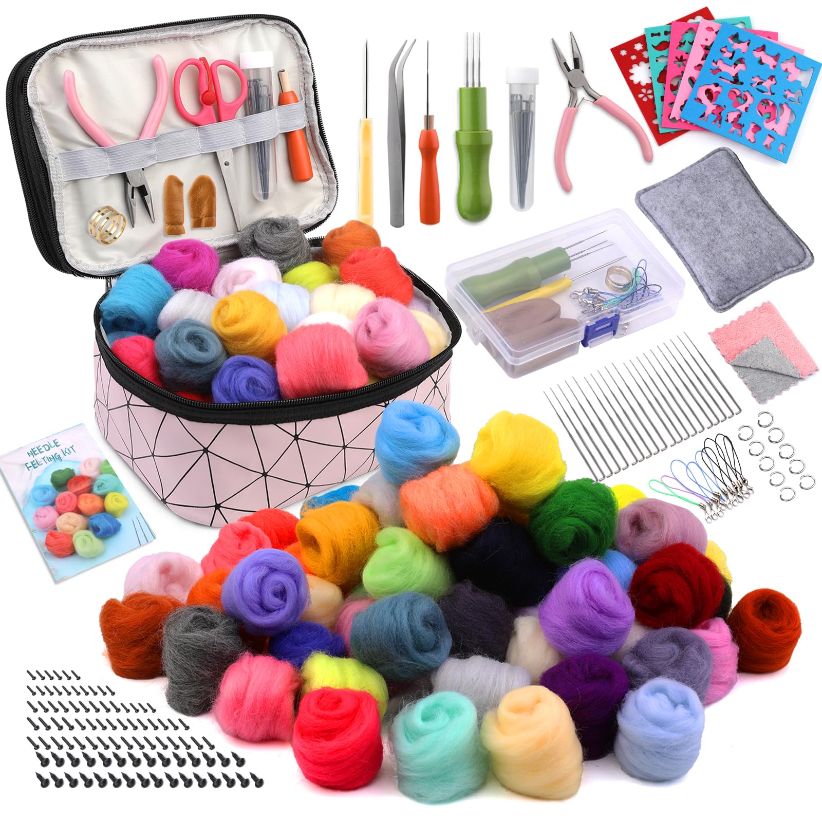 Axmru 215 Pcs Needle Felting Kit Wool Roving 60 Colors Set Basic Felt Tools and Supplies Needle Felting Starter Kit with Foam Mat Felt Molds and Storage Box for DIY Craft
