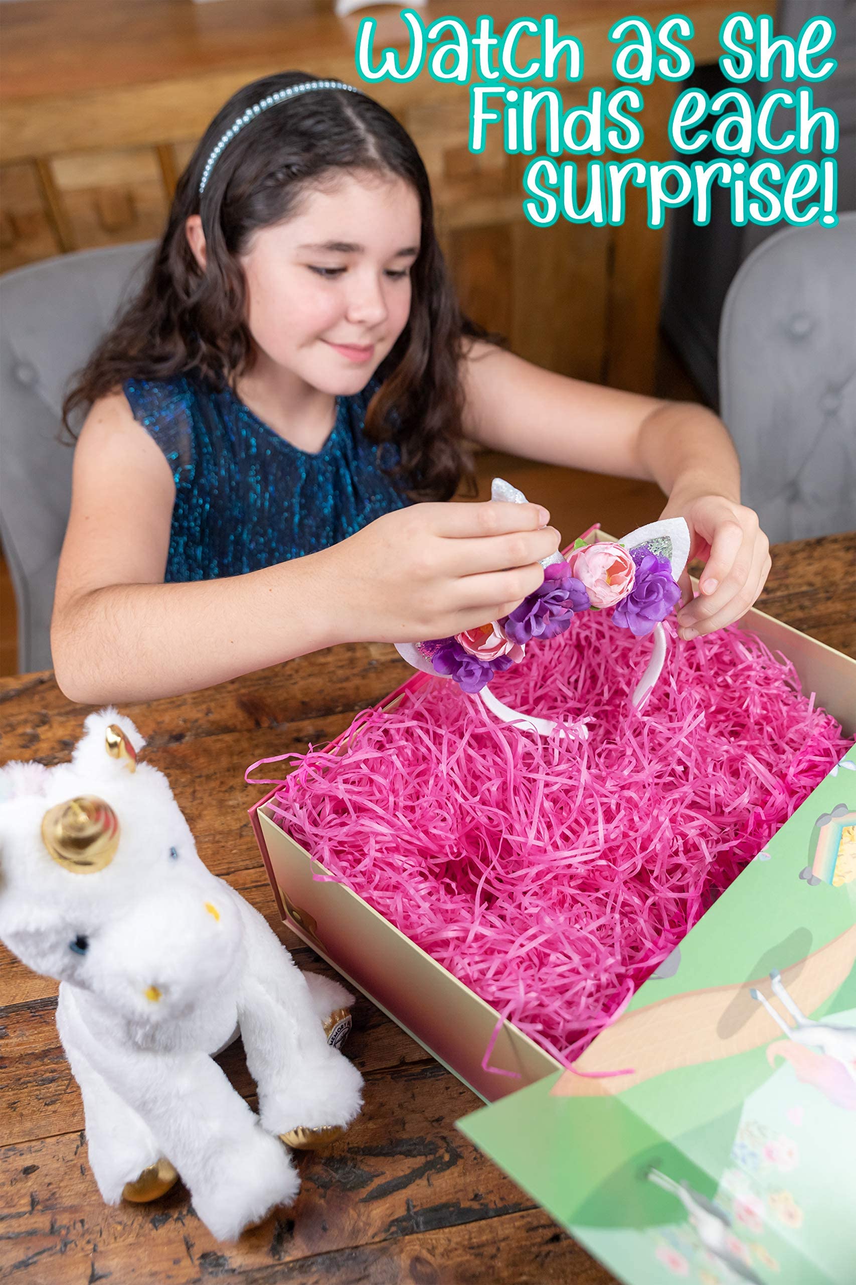 The Memory Building Company Kids Toys - Large Unicorn Surprise Box for Girls and Boys w/Unicorn Plush, Coloring Book and Markers, Jewelry and Horn Headband - Awesome Gift for Girls Age 6 & Up