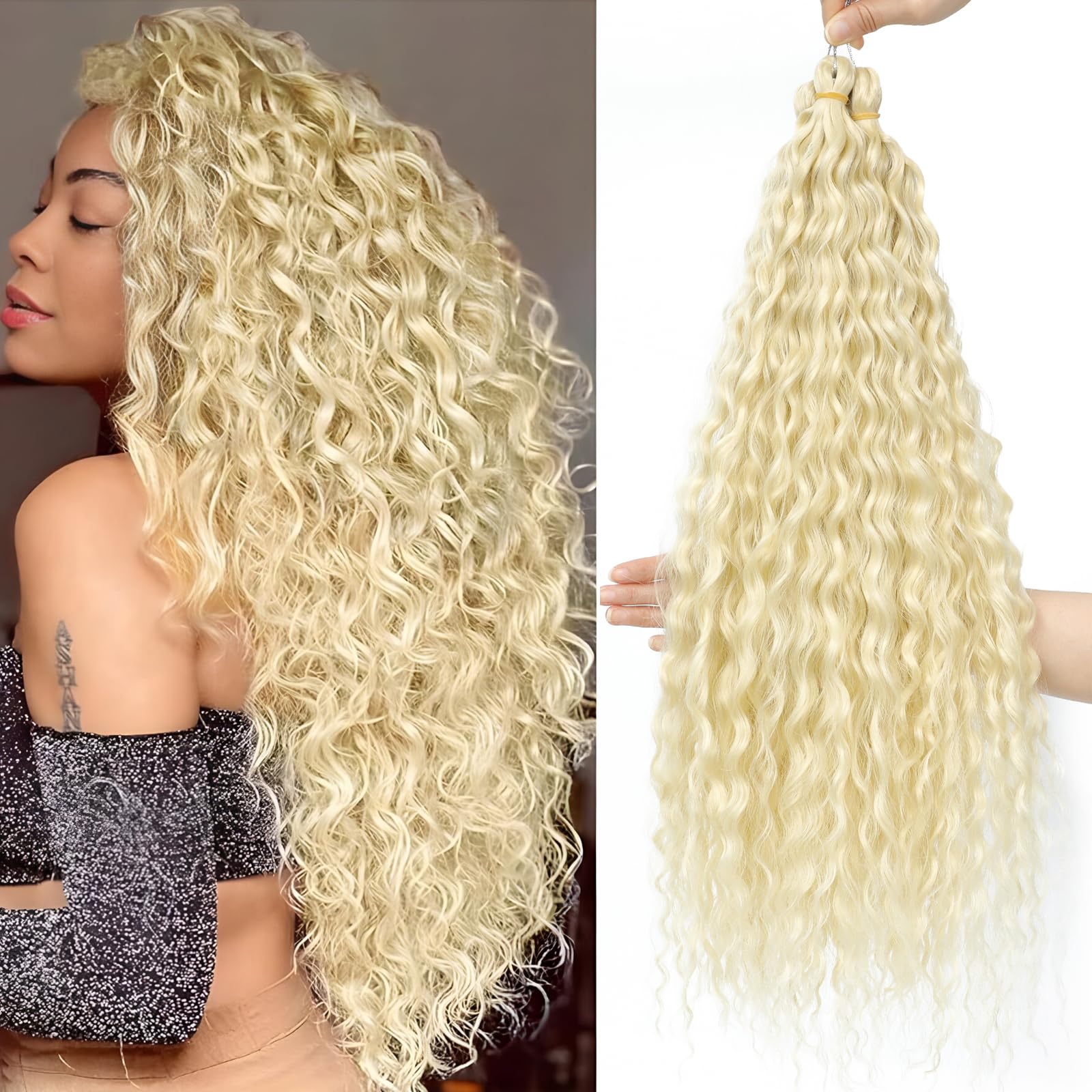 FANLUTYIN 22 Inch Curly Crochet Braiding Hair 3 Packs Ocean Wave Crochet Hair Extensions Deep Wave Synthetic Braiding Hair Curls Hair Twist Water Wave Braided Hair (613#, 22 Inch 3 Packs)
