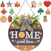 Interchangeable Welcome Sign for Front Door with 14 Changeable Icons, Farmhouse Front Porch Decor Rustic Wooden Wall Sign with 12 LED Lights, Outdoor Seasonal Welcome Home Decorations (Wood home1)