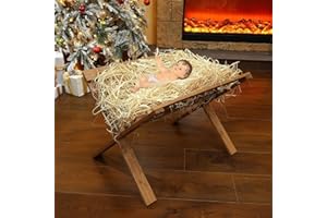Bucherry 4 Pcs Jumbo Large Wooden 25.6 Inch Baby in Manger Christmas Nativity Scene Manger with Resin Baby Religious Decoration and Natural Hay for Traditional Religious Xmas Indoor Outdoor Decor