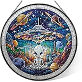 Alien Spaceship Stained Glass Window Hanging, 7.9" UFO Sun Catcher Glass Panel Boho Wall Art Decor, Hand Painted Round Ornament for Friends, Art Lover, Astronomer