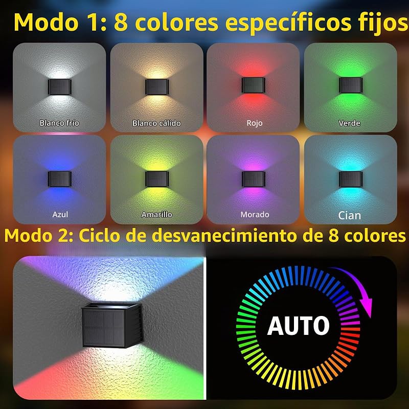 RGB Aplique Solar Pared Exterior, 2 Pack 8 Colores en Ciclo, IP65