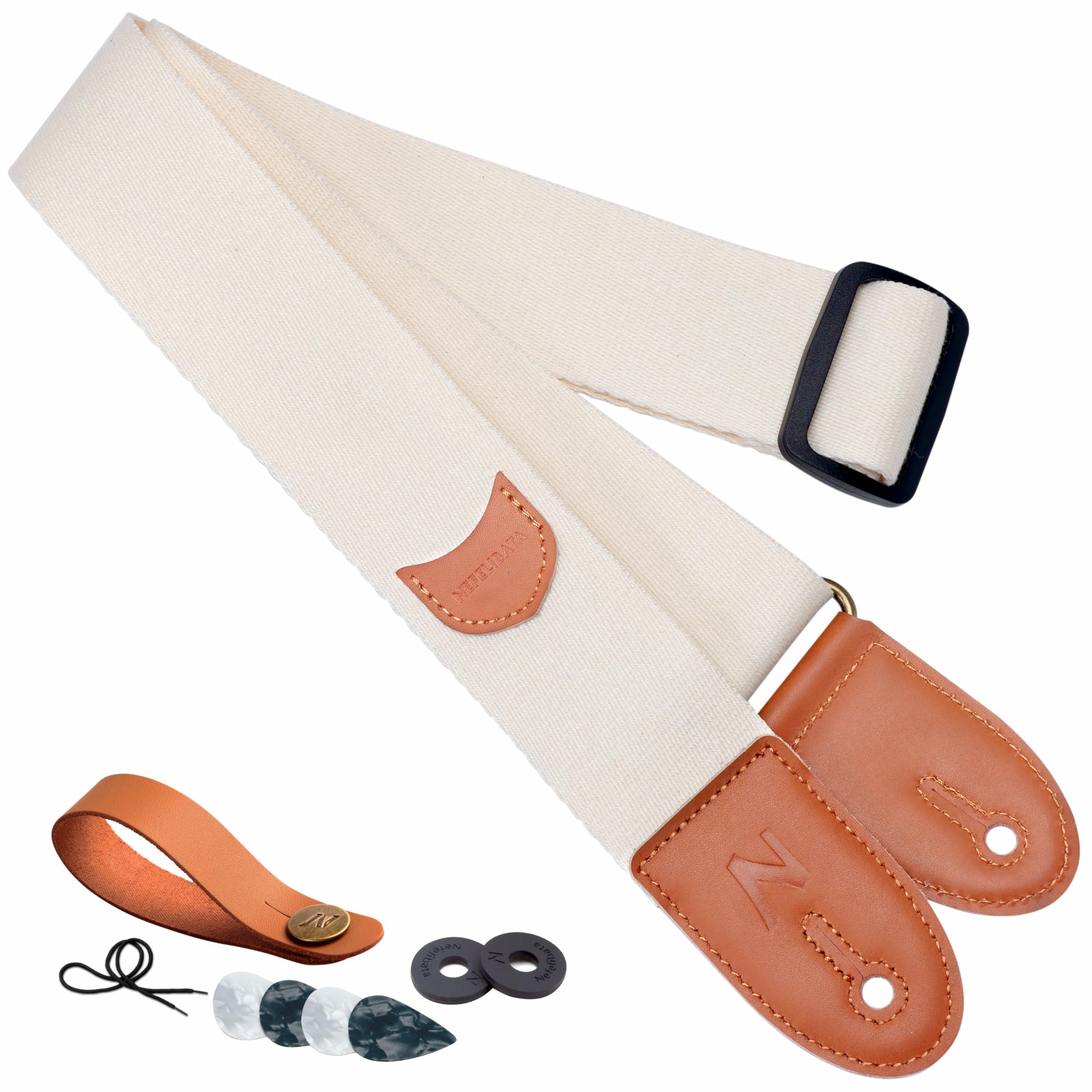 Guitar Strap with Pick Pocket, 100% Cotton Full Grain Genuine Leather Ends Guitar Straps for Bass, Electric, Acoustic Guitar, Come with Free Strap Button, 2 Strap Locks and 4 Guitar Picks (Cream)