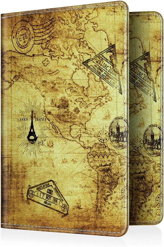 Amazon Co Jp Fintieパスポートホルダー旅行財布 プレミアムveganレザーrfidブロックケースカバー はしっかりパスポート 名刺 クレジットカード 搭乗券 マップデザイン 服 ファッション小物