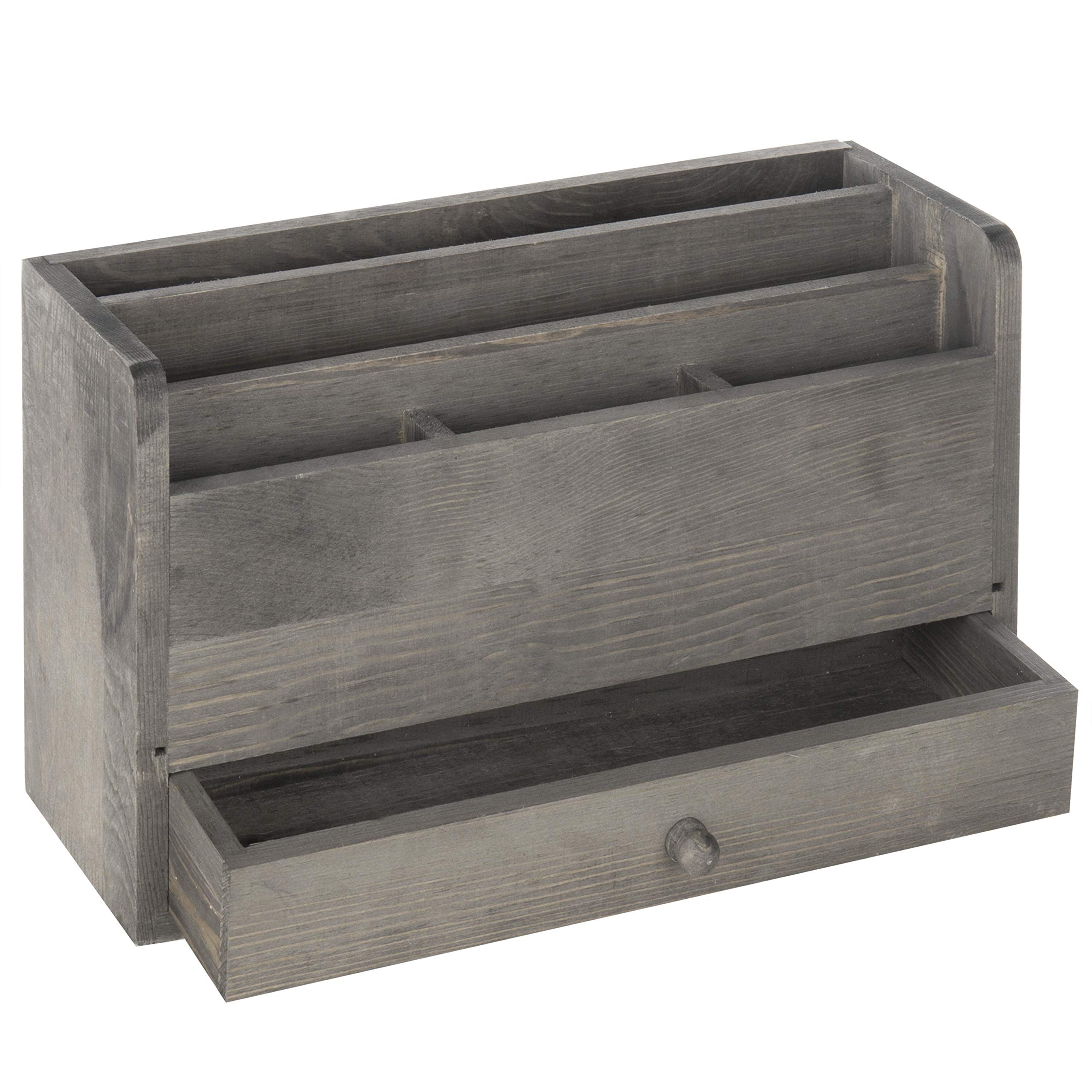 Photo 1 of MyGift Rustic Gray Solid Wood Office Desk Supplies and Stationery Organizer, 5 Slot Wooden Desktop Mail Sorter, Document and Magazine Holder with Pull Out Drawer