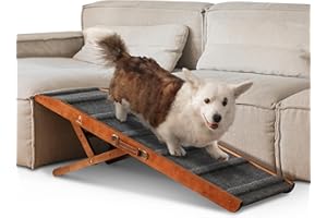 Pathosio Pets Dog Ramp – Adjustable Wooden Ramp for Dogs to Get on Bed, Sofa, and Couch – Walnut Wood Design for Small and Medium Breeds with Non-Slip Carpet Finish (Gray)