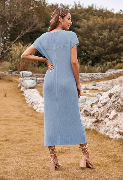 PINK QUEEN WOMEN’S SHORT SLEEVE NOTCHED V NECK SUN DRESS SIDE SLIT FLOWY TRAVEL BEACH KNITTED LONG MIDI DRESSES BLUE M