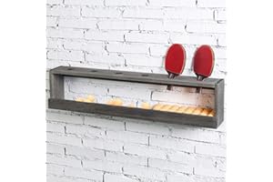MyGift Wall Mounted Vintage Wood Ping Pong Paddle Table Tennis Racket Display Rack Holder with Ball Holder Storage Shelf