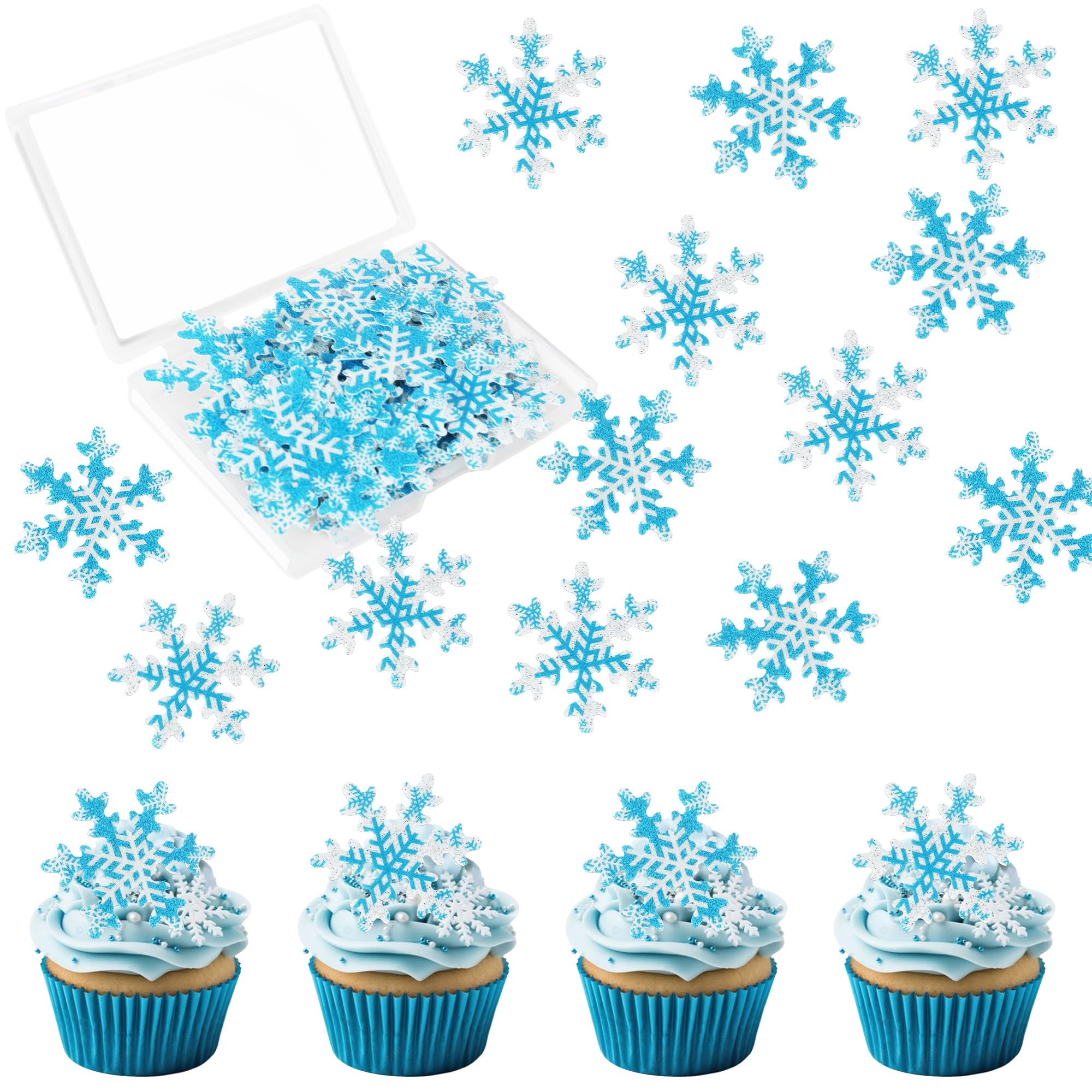 SYKYCTCY 50 Pack Edible Snowflake Cupcake Toppers White Blue Winter Frozen Snowflake Cake Picks Decorations for Snowflake Theme Winter Wonderland Baby Shower Birthday Christmas Party Supplies — image 1