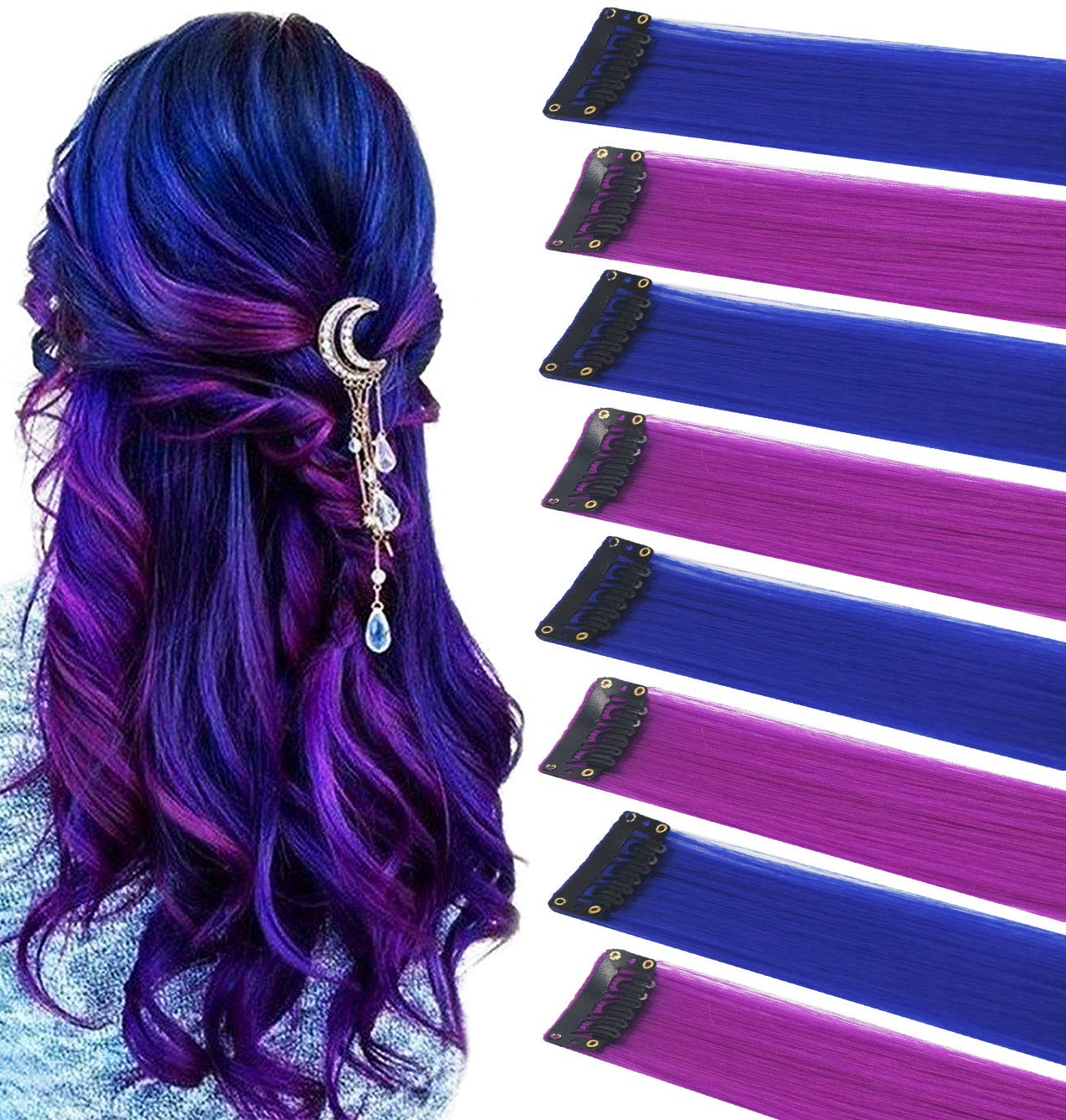 ZHAOWWEI 8 PCS Princess Colorful Extensions Multi-Colors Party Highlights Streak Synthetic Hairpieces Clip-In Colored Hair Extensions 20 Inch (Blue Purple)